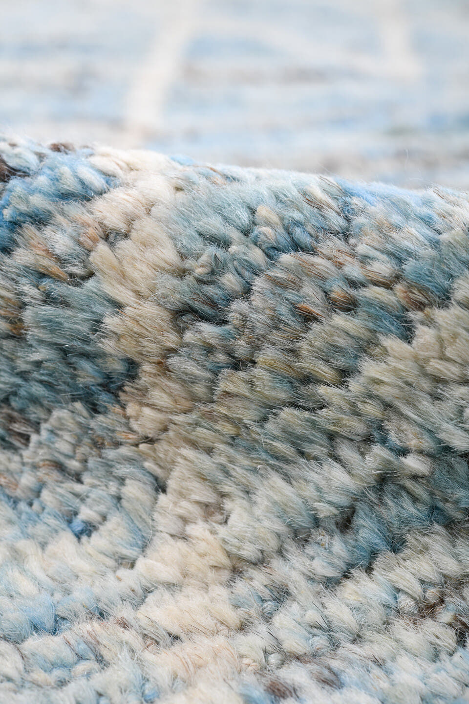9' x 11' one-of-a-kind handmade vintage Tulu large size rug. Color palette: pale blue, ivory, sky blue, gray, light blue