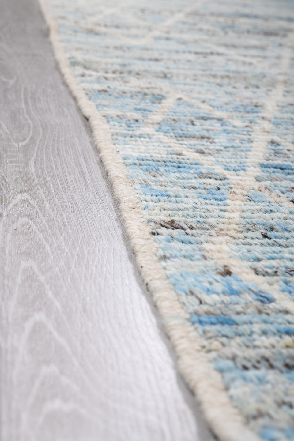9' x 11' one-of-a-kind handmade vintage Tulu large size rug. Color palette: pale blue, ivory, sky blue, gray, light blue