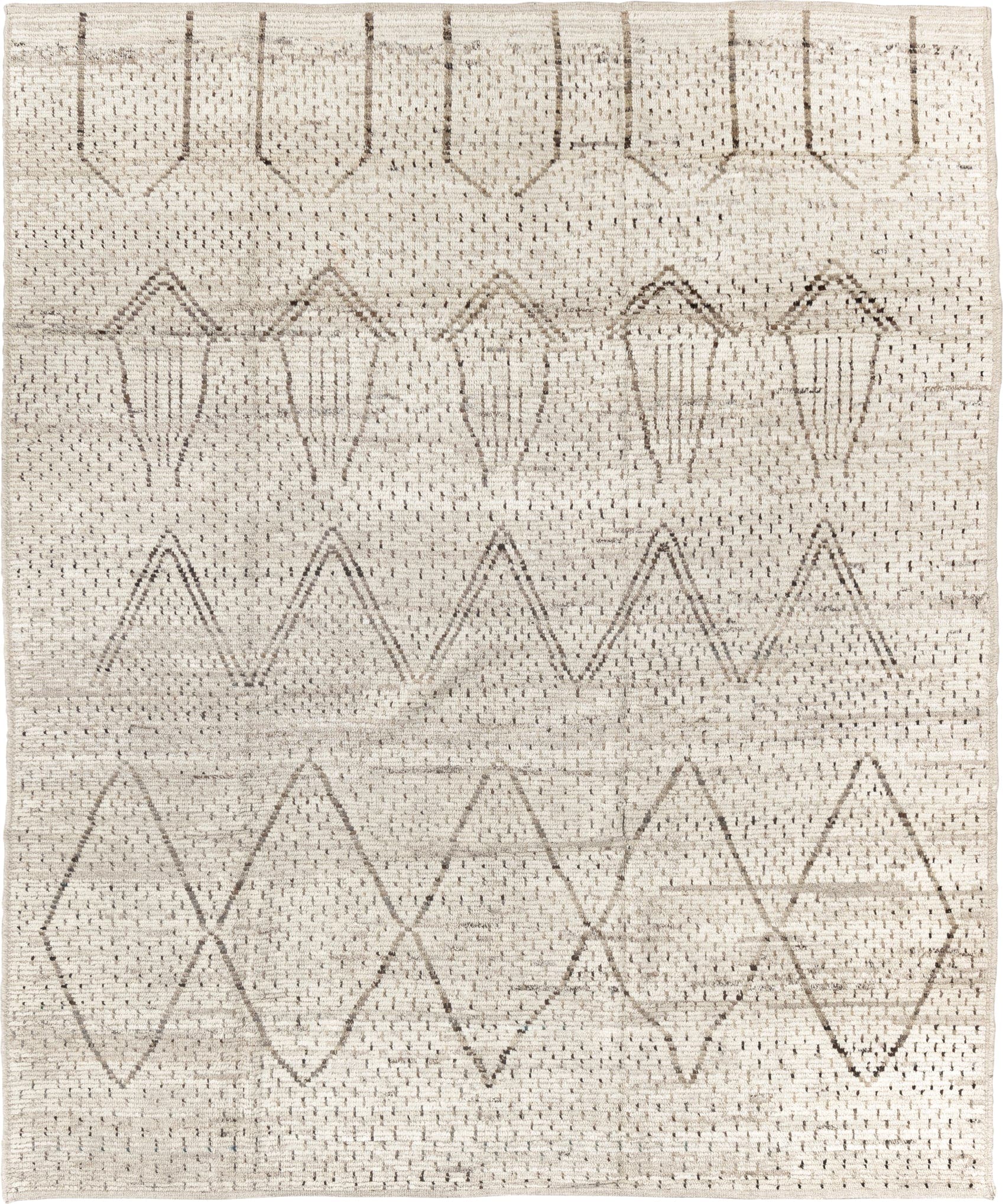 8' x 10' one-of-a-kind handmade vintage Tulu large size rug. Color palette: ivory, taupe, beige, gray