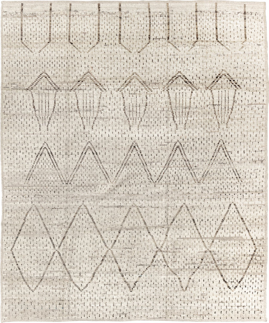 8' x 10' one-of-a-kind handmade vintage Tulu large size rug. Color palette: ivory, taupe, beige, gray