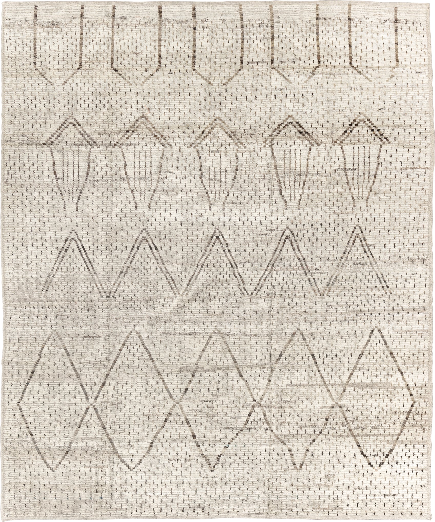 8' x 10' one-of-a-kind handmade vintage Tulu large size rug. Color palette: ivory, taupe, beige, gray