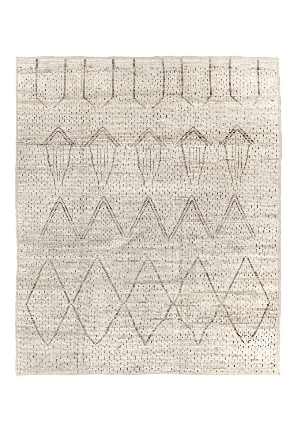 8' x 10' one-of-a-kind handmade vintage Tulu large size rug. Color palette: beige, black, brown, gray, light gray, linen