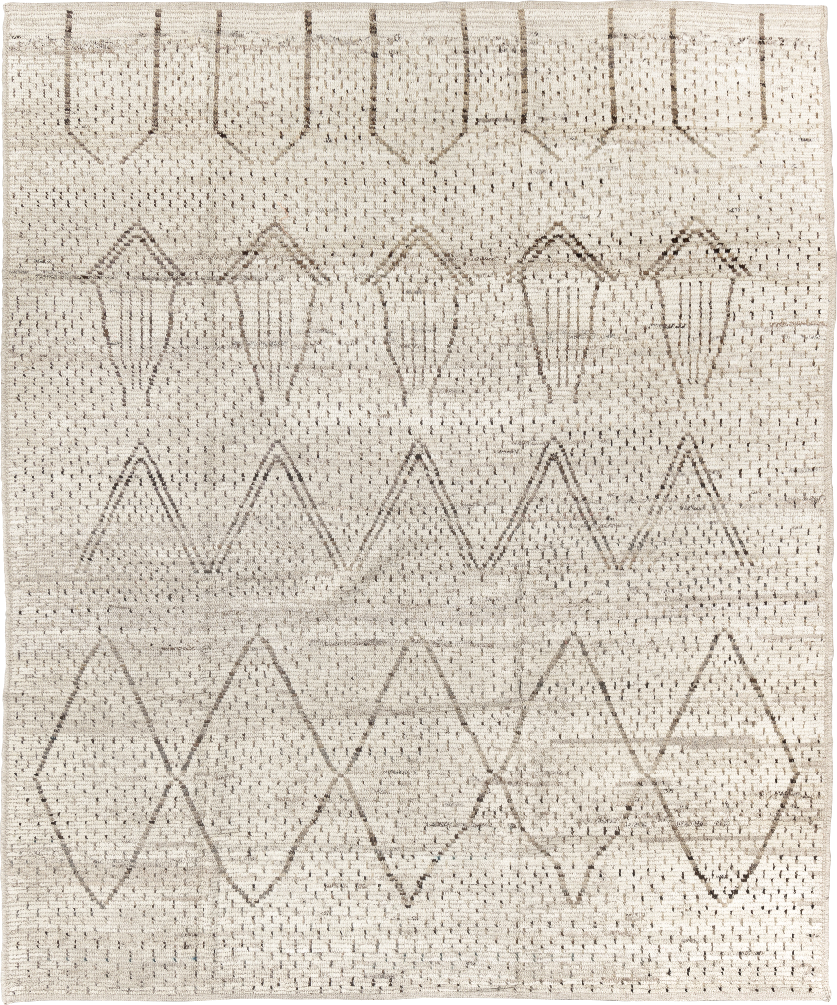 8' x 10' one-of-a-kind handmade vintage Tulu large size rug. Color palette: ivory, taupe, beige, gray