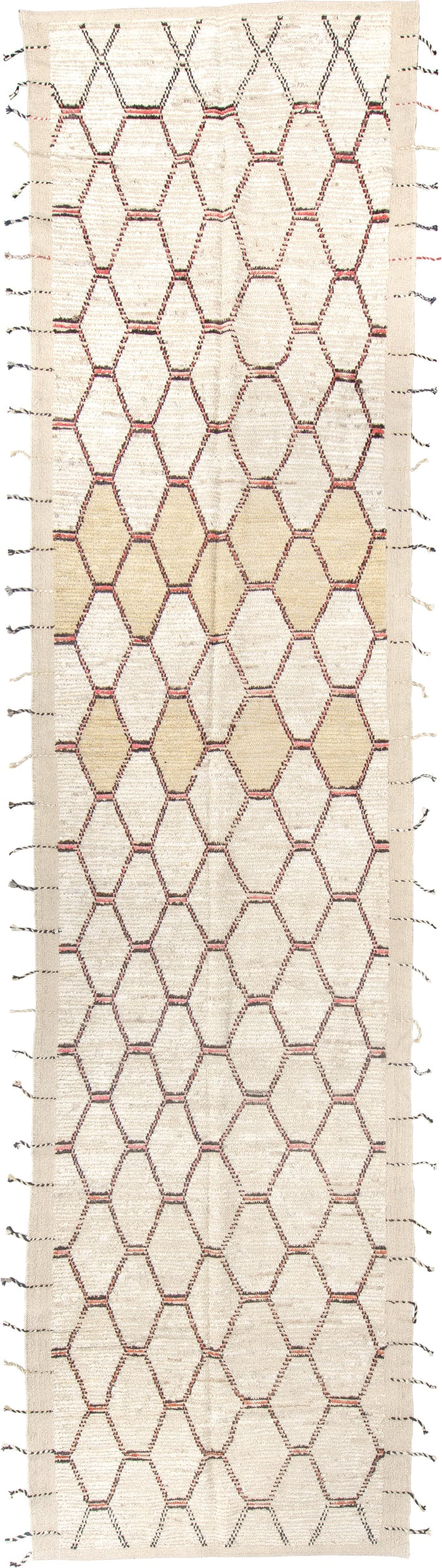 3' x 15' one-of-a-kind handmade vintage Tulu runner rug. Color palette: ivory, cream, charcoal, rose, taupe, camel, gray