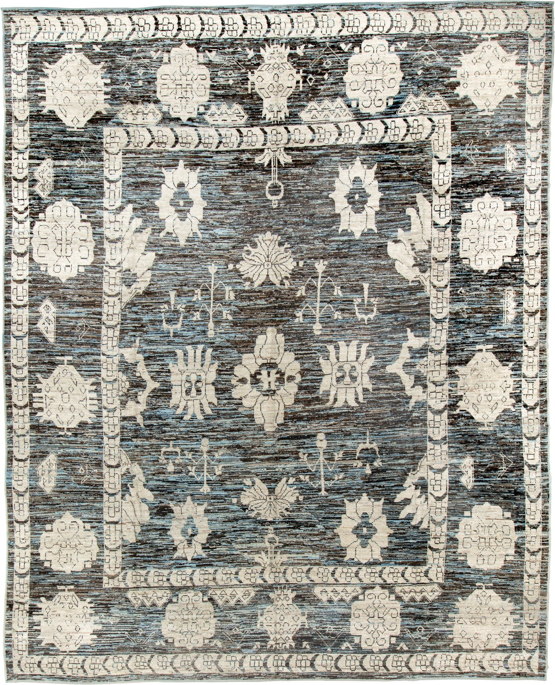 12' x 15' one-of-a-kind handmade vintage Tulu oversize rug. Color palette: charcoal, ivory, slate, blue gray, taupe, black