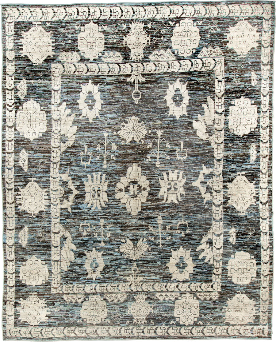12' x 15' one-of-a-kind handmade vintage Tulu oversize rug. Color palette: charcoal, ivory, slate, blue gray, taupe, black