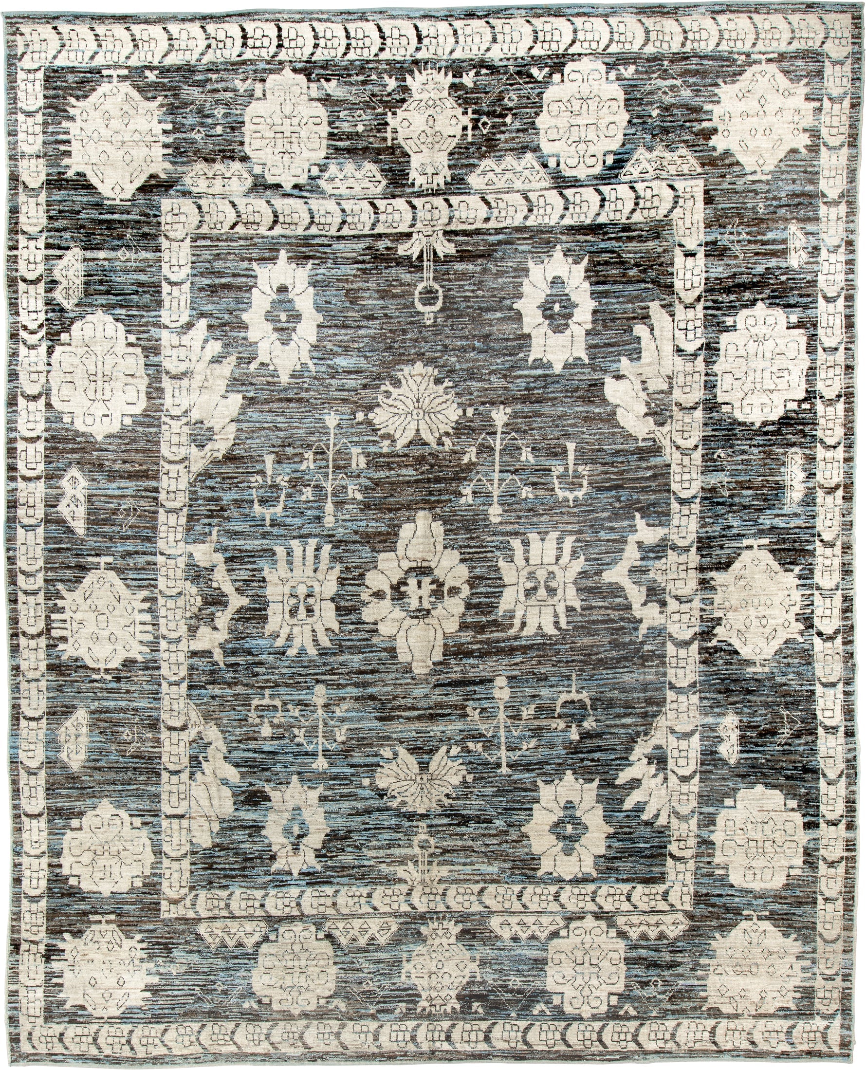 12' x 15' one-of-a-kind handmade vintage Tulu oversize rug. Color palette: charcoal, ivory, slate, blue gray, taupe, black