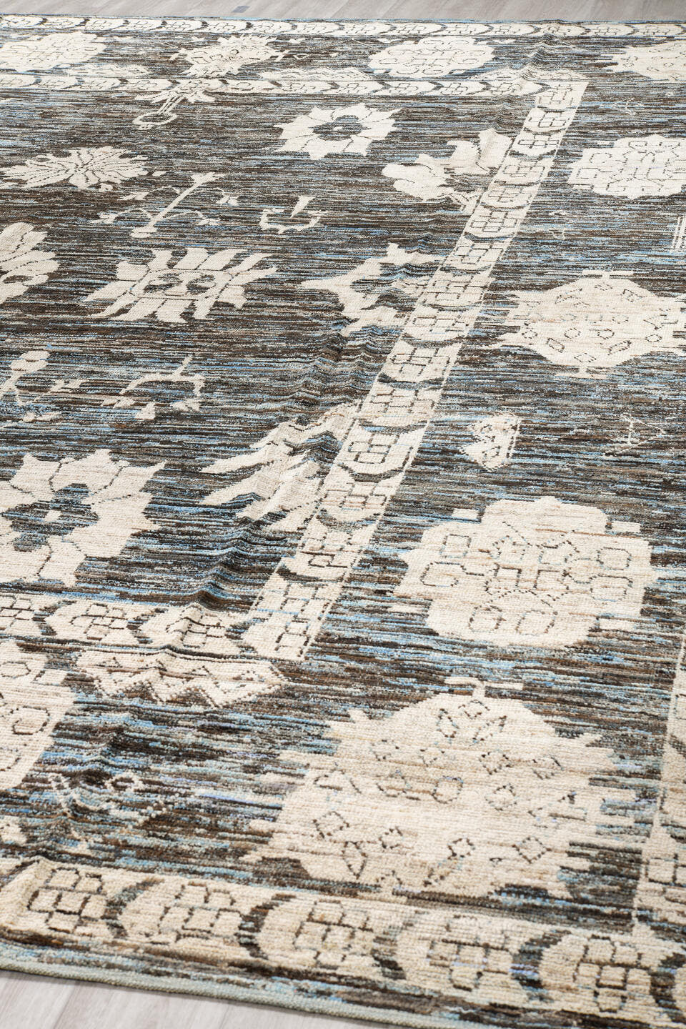 12' x 15' one-of-a-kind handmade vintage Tulu oversize rug. Color palette: charcoal, ivory, slate, blue gray, taupe, black