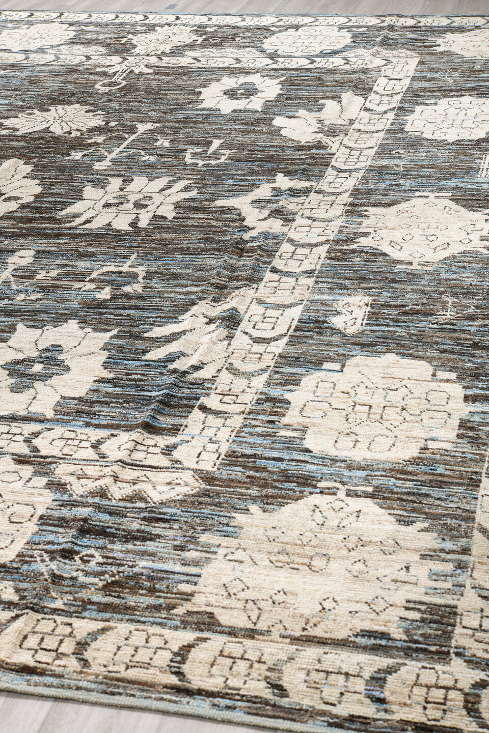 12' x 15' one-of-a-kind handmade vintage Tulu oversize rug. Color palette: charcoal, ivory, slate, blue gray, taupe, black