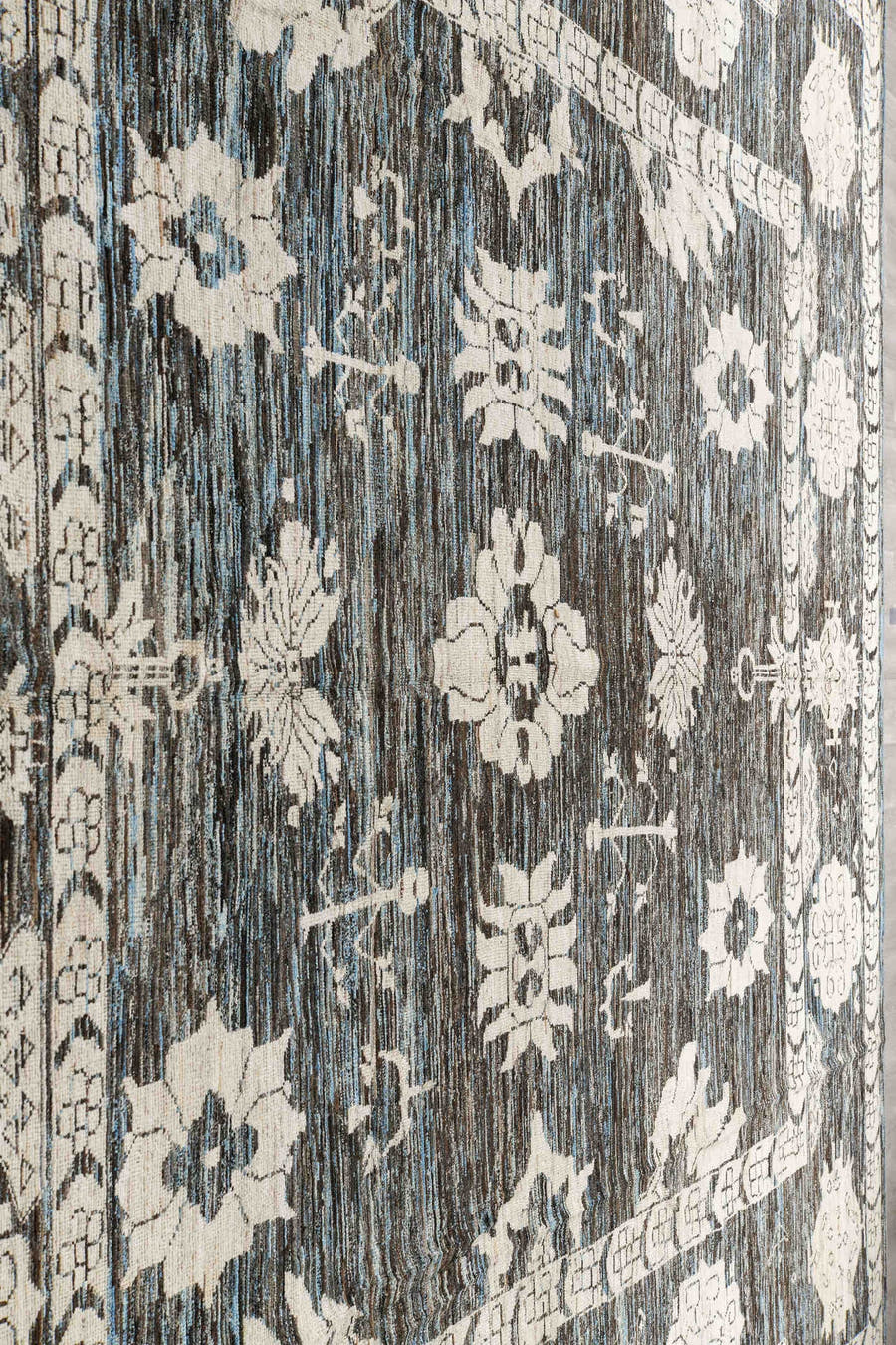 12' x 15' one-of-a-kind handmade vintage Tulu oversize rug. Color palette: charcoal, ivory, slate, blue gray, taupe, black