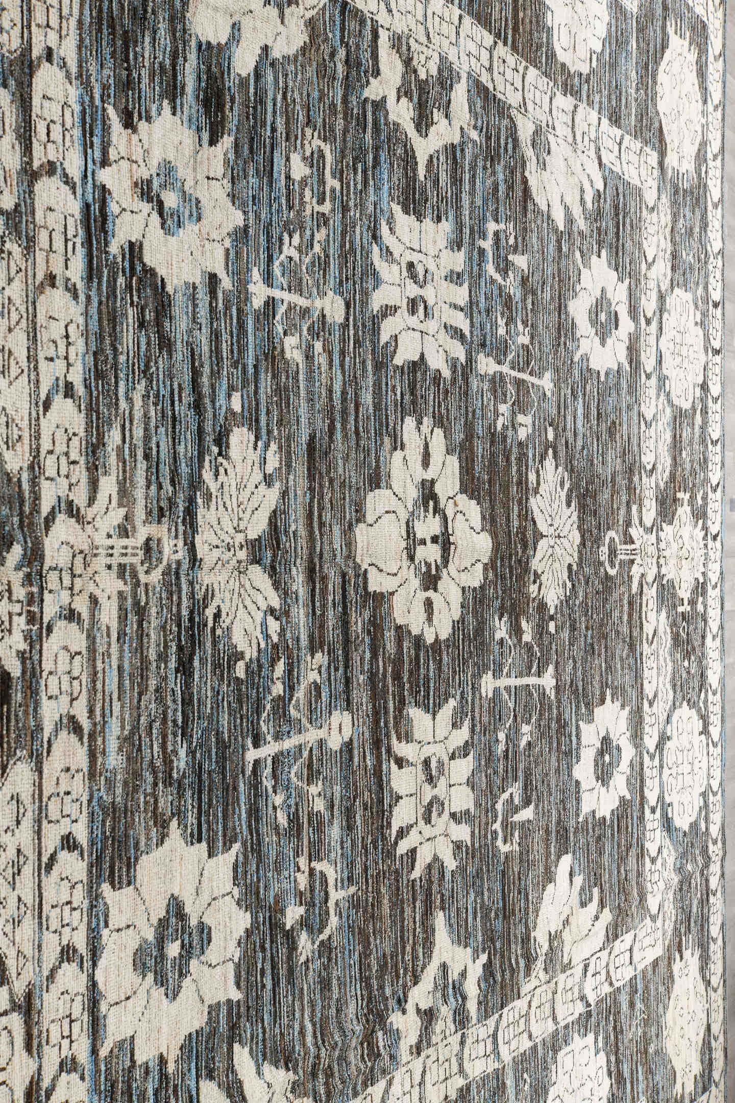 12' x 15' one-of-a-kind handmade vintage Tulu oversize rug. Color palette: charcoal, ivory, slate, blue gray, taupe, black