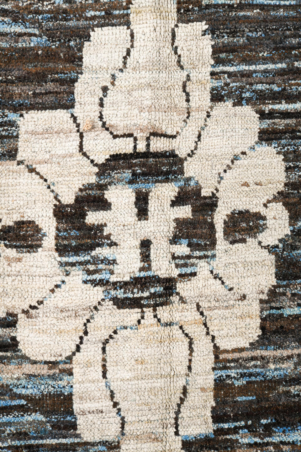 12' x 15' one-of-a-kind handmade vintage Tulu oversize rug. Color palette: charcoal, ivory, slate, blue gray, taupe, black