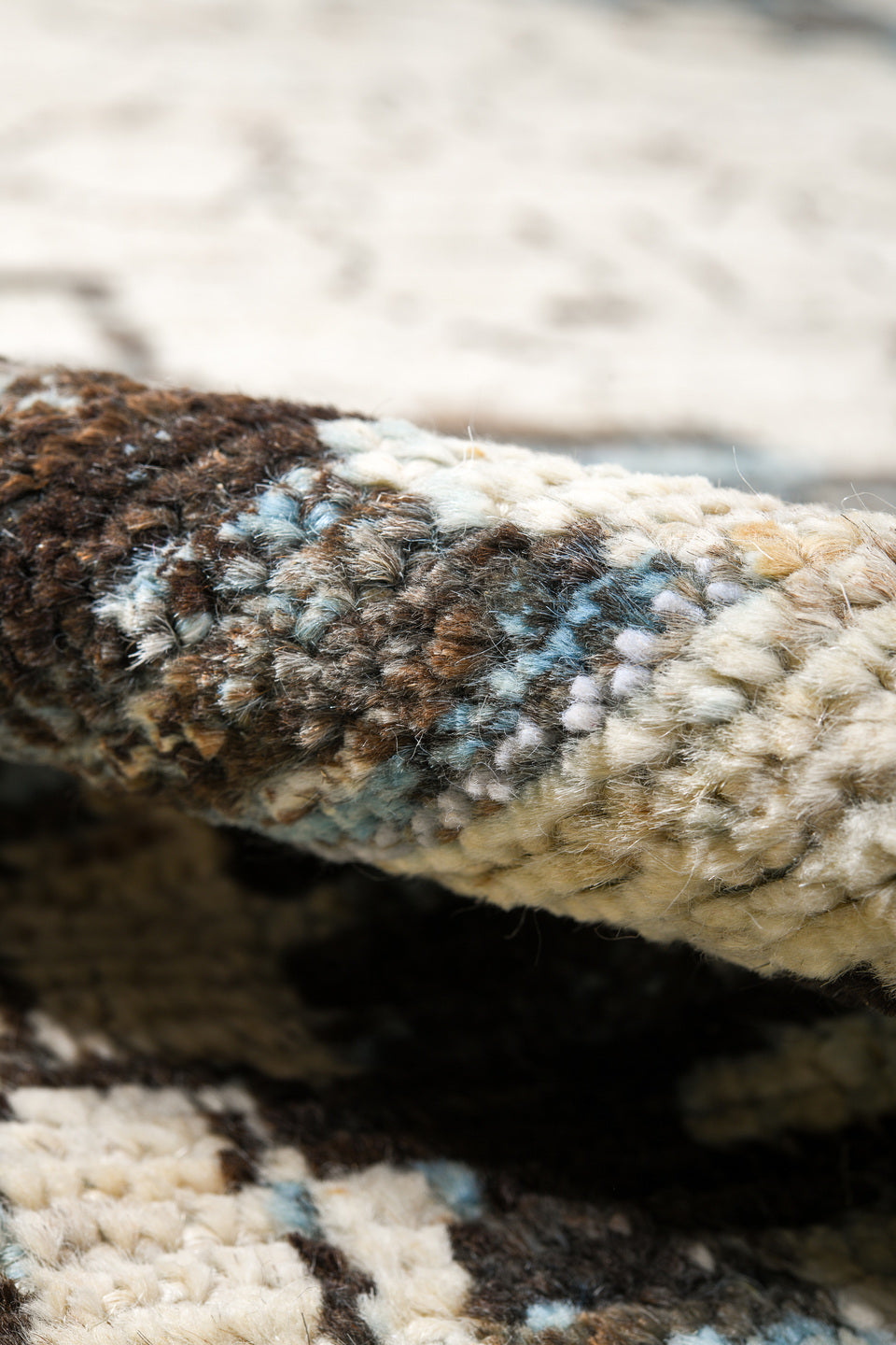 12' x 15' one-of-a-kind handmade vintage Tulu oversize rug. Color palette: charcoal, ivory, slate, blue gray, taupe, black