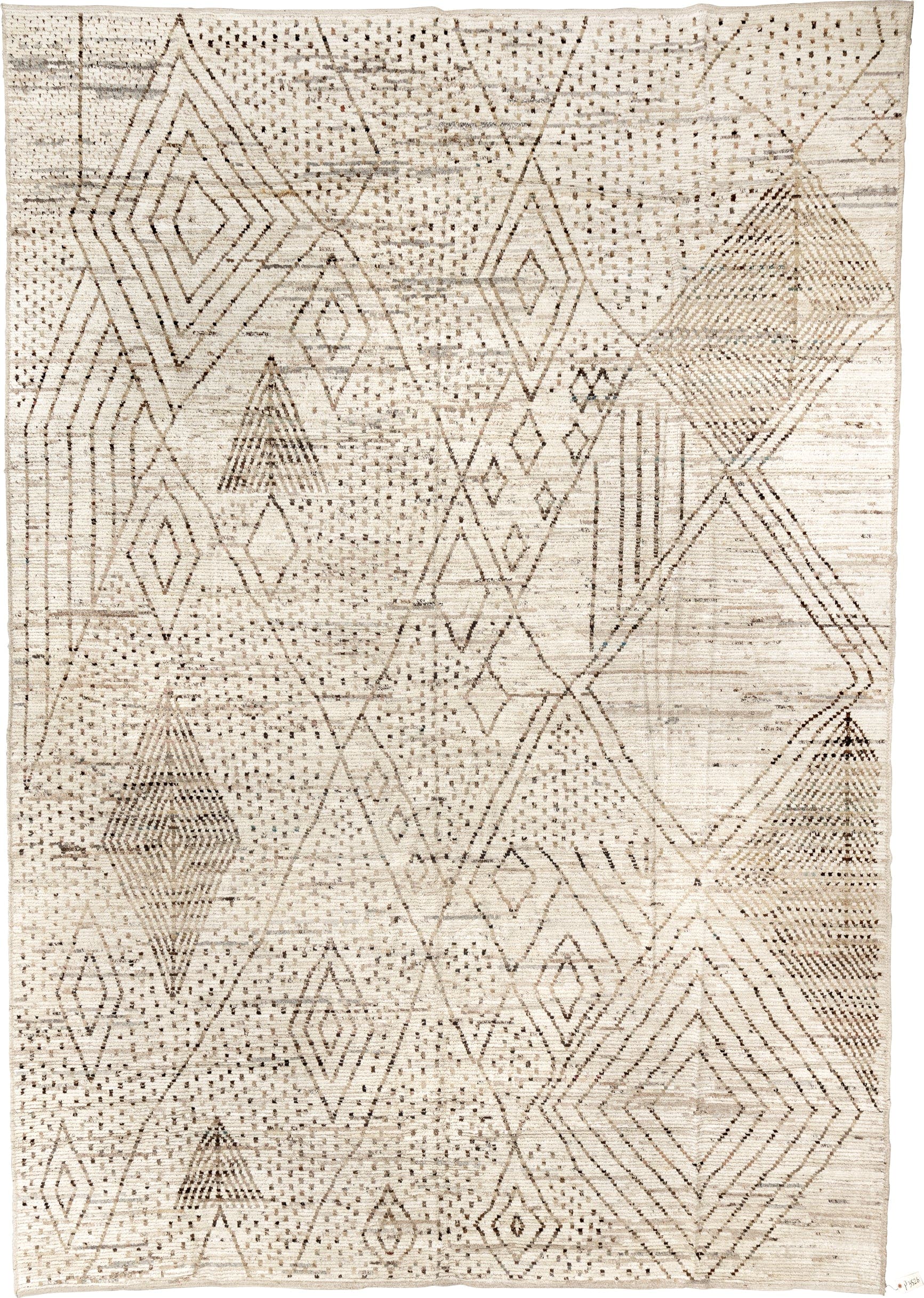 12' x 18' one-of-a-kind handmade vintage Tulu oversize rug. Color palette: ivory, taupe, brown, camel, beige, gray