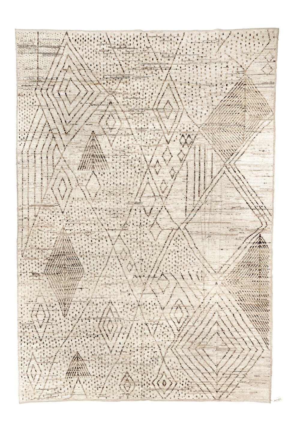 12' x 18' one-of-a-kind handmade vintage Tulu oversize rug. Color palette: beige, black, brown, gainsboro, gray, light gray