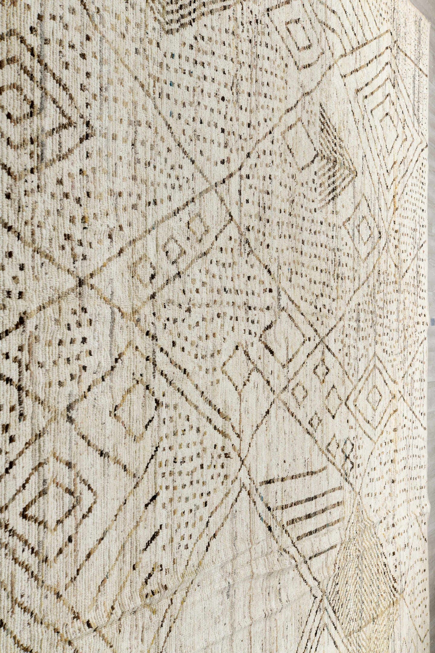 12' x 18' one-of-a-kind handmade vintage Tulu oversize rug. Color palette: ivory, taupe, brown, camel, beige, gray
