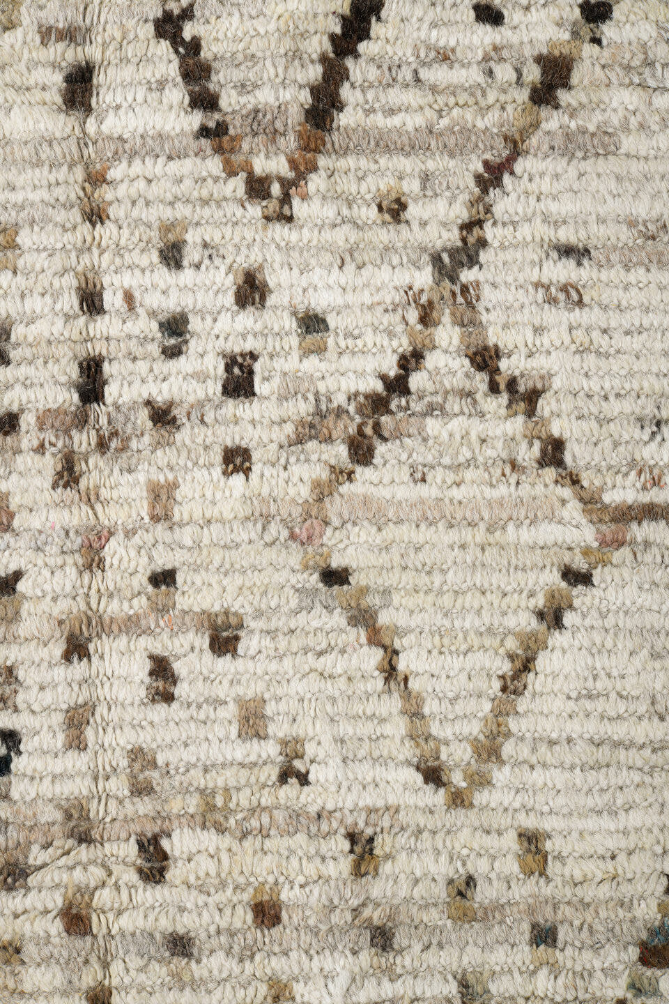 12' x 18' one-of-a-kind handmade vintage Tulu oversize rug. Color palette: ivory, taupe, brown, camel, beige, gray