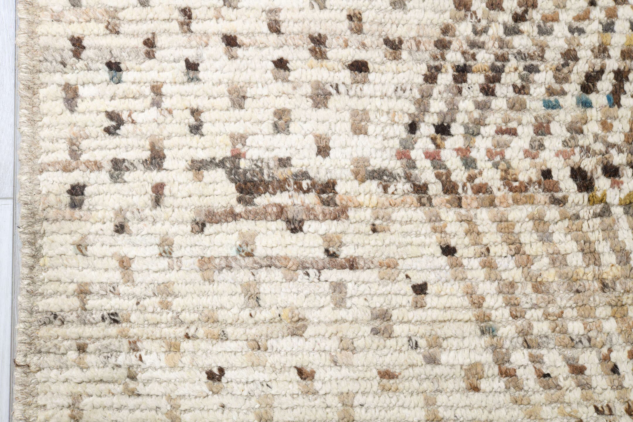 12' x 18' one-of-a-kind handmade vintage Tulu oversize rug. Color palette: ivory, taupe, brown, camel, beige, gray