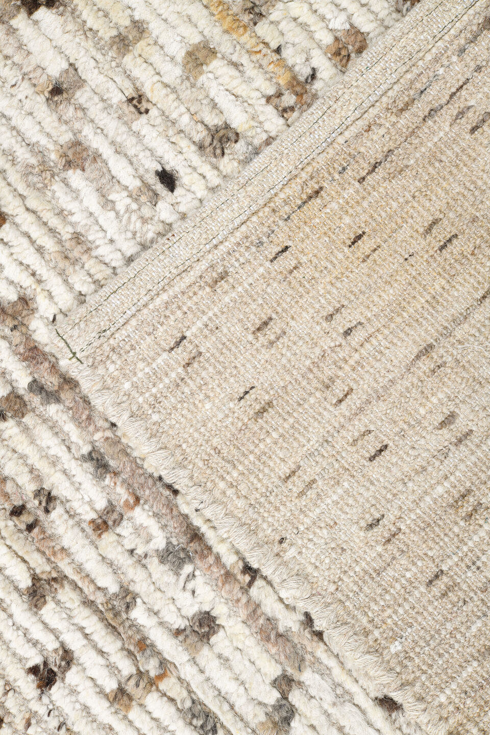 12' x 18' one-of-a-kind handmade vintage Tulu oversize rug. Color palette: ivory, taupe, brown, camel, beige, gray