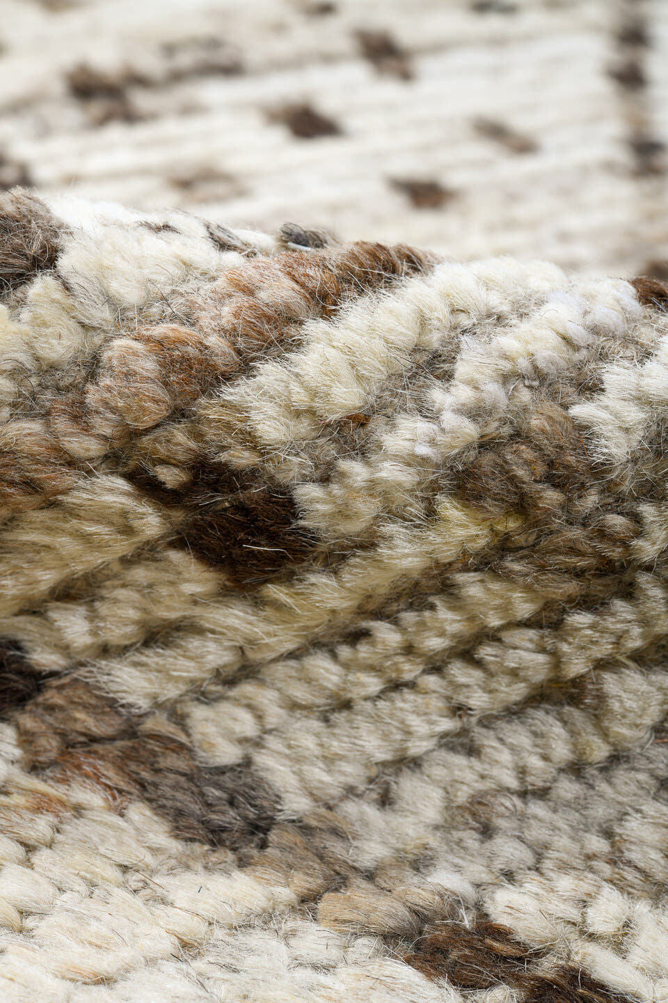 12' x 18' one-of-a-kind handmade vintage Tulu oversize rug. Color palette: ivory, taupe, brown, camel, beige, gray