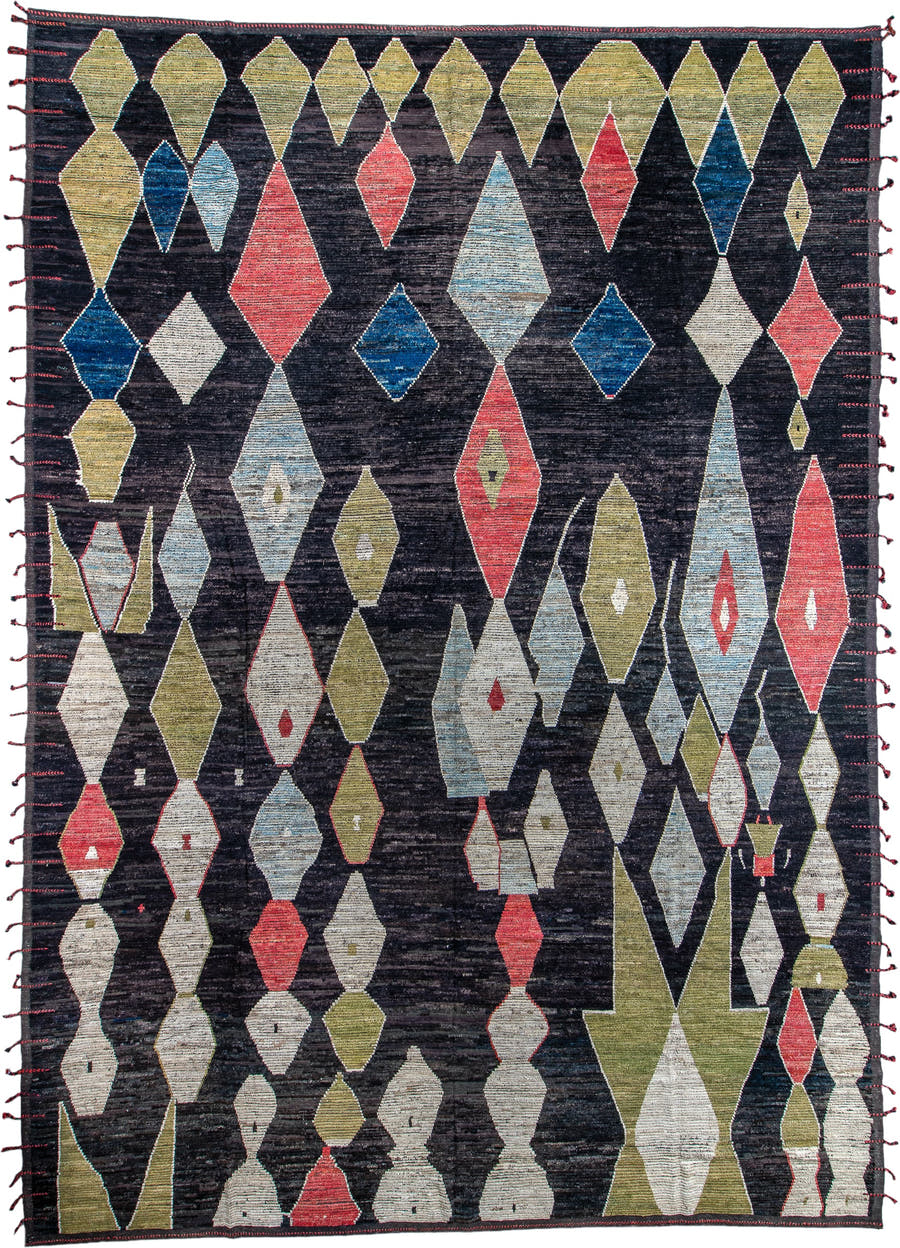 14' x 19' one-of-a-kind handmade vintage Tulu oversize rug. Color palette: charcoal, ivory, olive, sky_blue, coral, navy