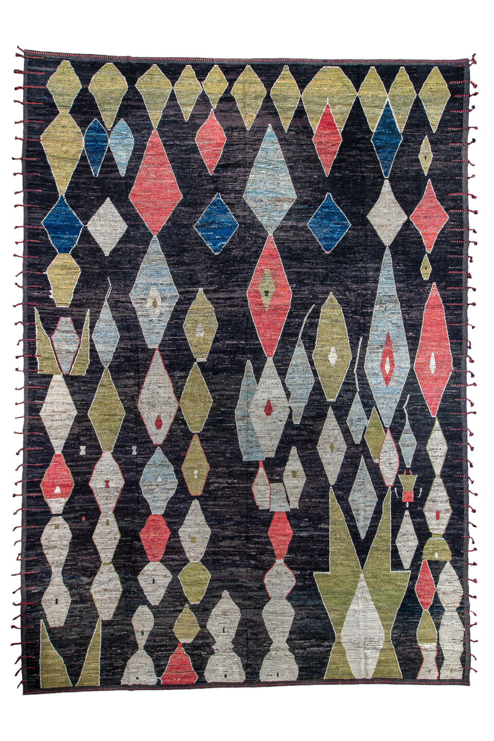14' x 19' one-of-a-kind handmade vintage Tulu oversize rug. Color palette: black, blue, brown, gainsboro, gray, light gray