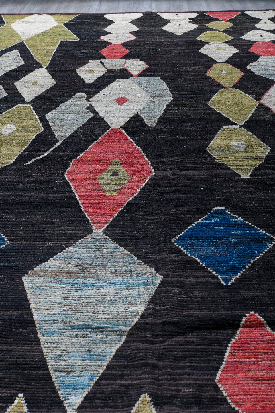 14' x 19' one-of-a-kind handmade vintage Tulu oversize rug. Color palette: charcoal, ivory, olive, sky_blue, coral, navy
