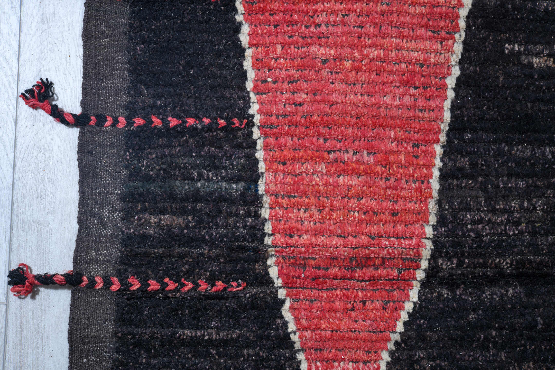 14' x 19' one-of-a-kind handmade vintage Tulu oversize rug. Color palette: charcoal, ivory, olive, sky_blue, coral, navy