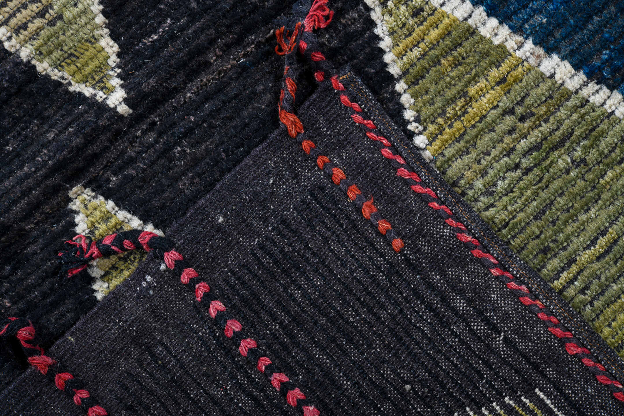 14' x 19' one-of-a-kind handmade vintage Tulu oversize rug. Color palette: charcoal, ivory, olive, sky_blue, coral, navy