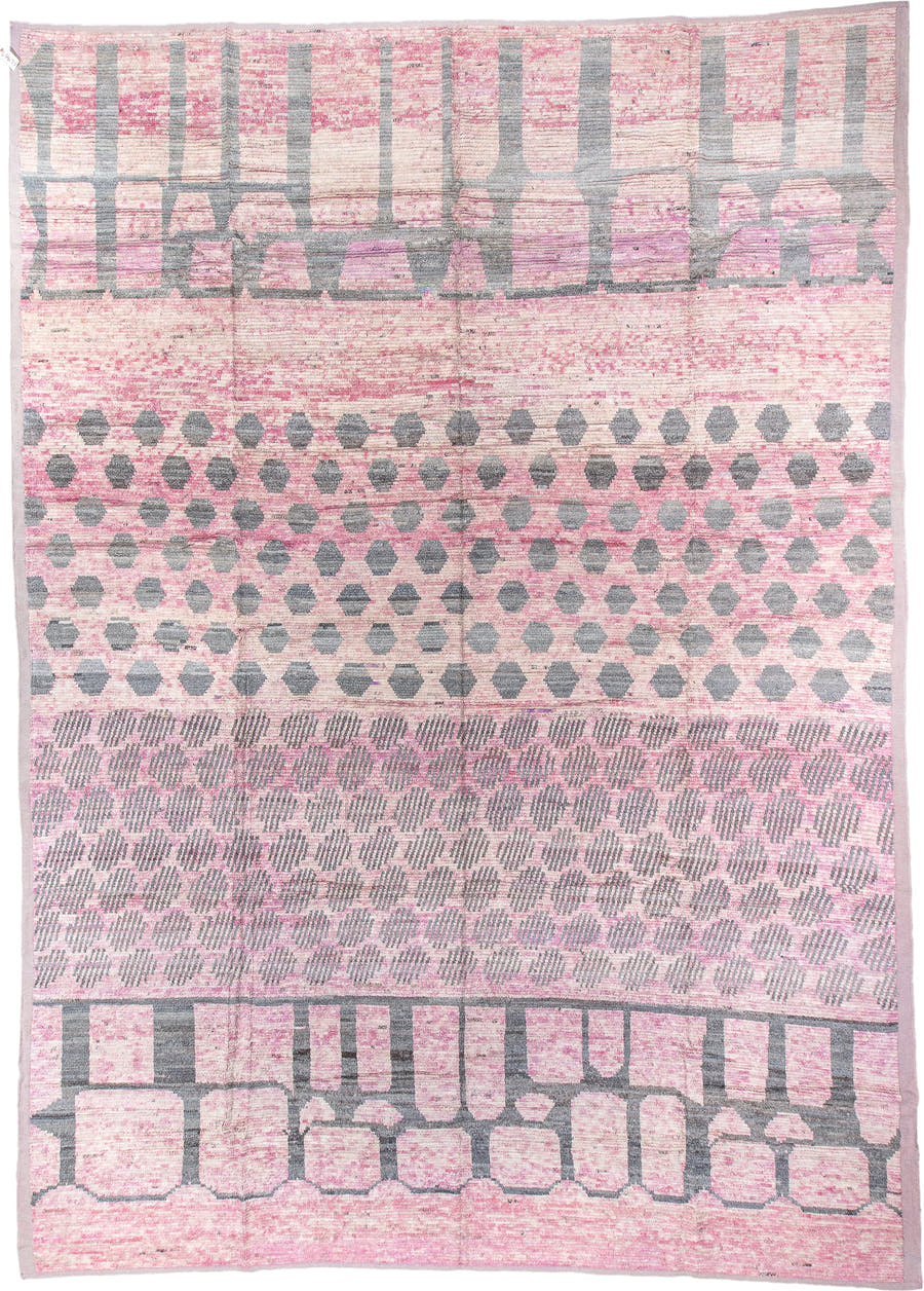 14' x 19' one-of-a-kind handmade vintage Tulu oversize rug. Color palette: pink, ivory, gray, rose, taupe, red, beige