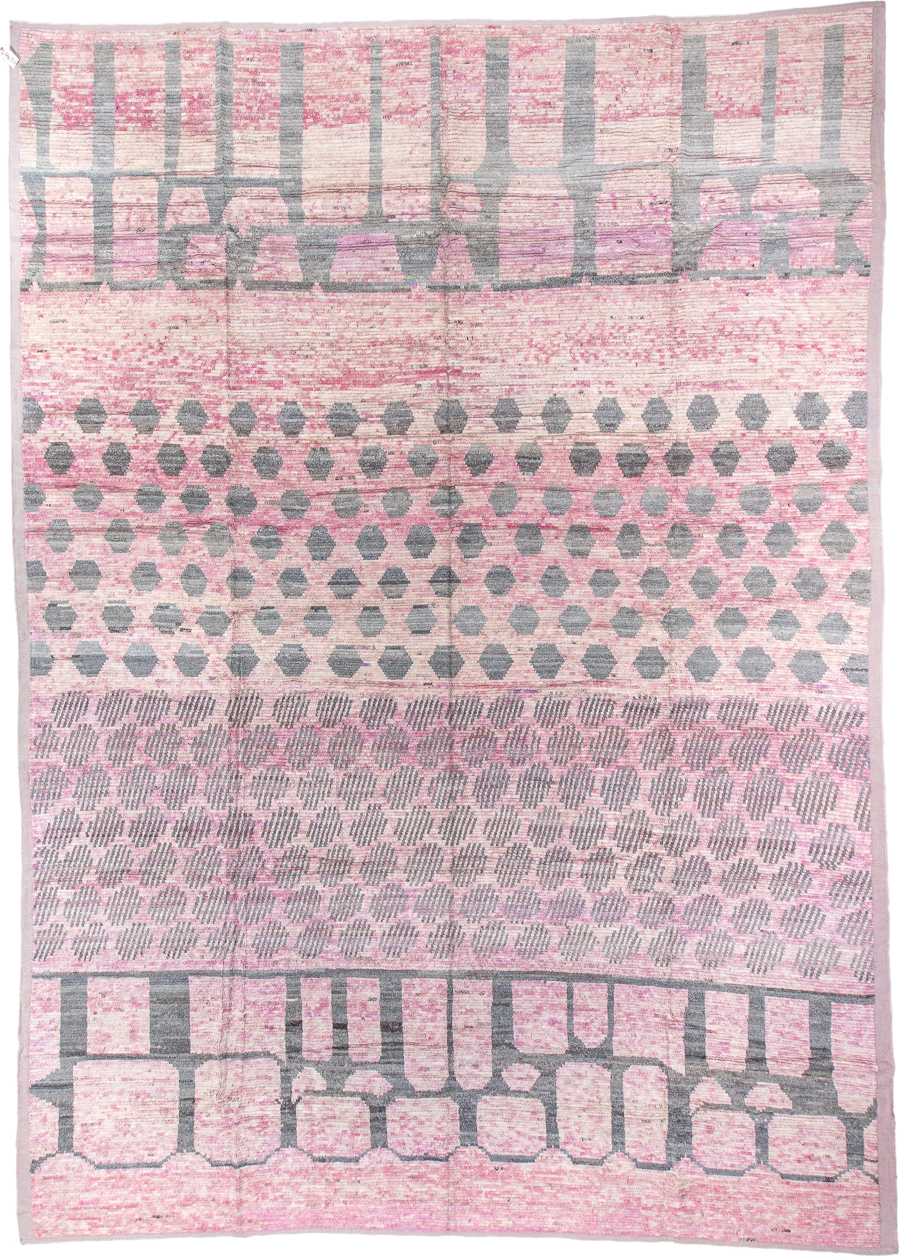 14' x 19' one-of-a-kind handmade vintage Tulu oversize rug. Color palette: pink, ivory, gray, rose, taupe, red, beige