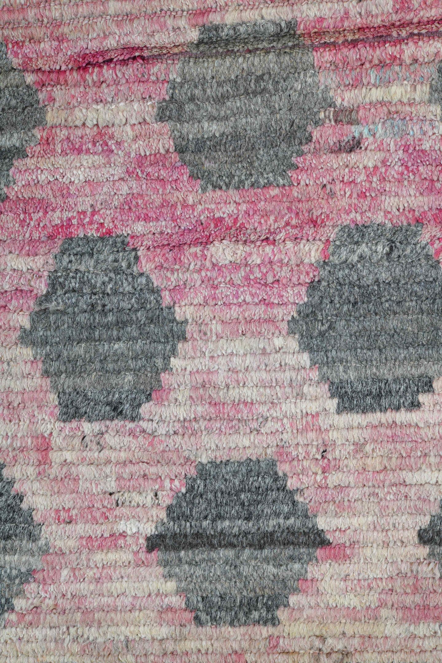 14' x 19' one-of-a-kind handmade vintage Tulu oversize rug. Color palette: pink, ivory, gray, rose, taupe, red, beige