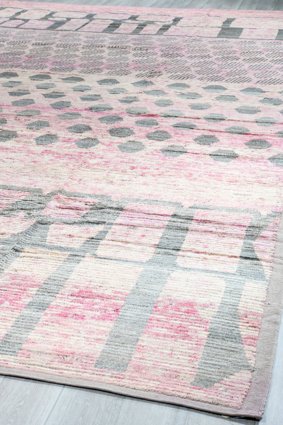 14' x 19' one-of-a-kind handmade vintage Tulu oversize rug. Color palette: pink, ivory, gray, rose, taupe, red, beige