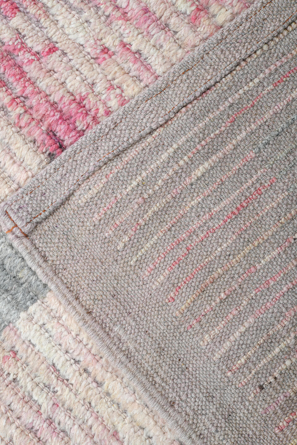 14' x 19' one-of-a-kind handmade vintage Tulu oversize rug. Color palette: pink, ivory, gray, rose, taupe, red, beige