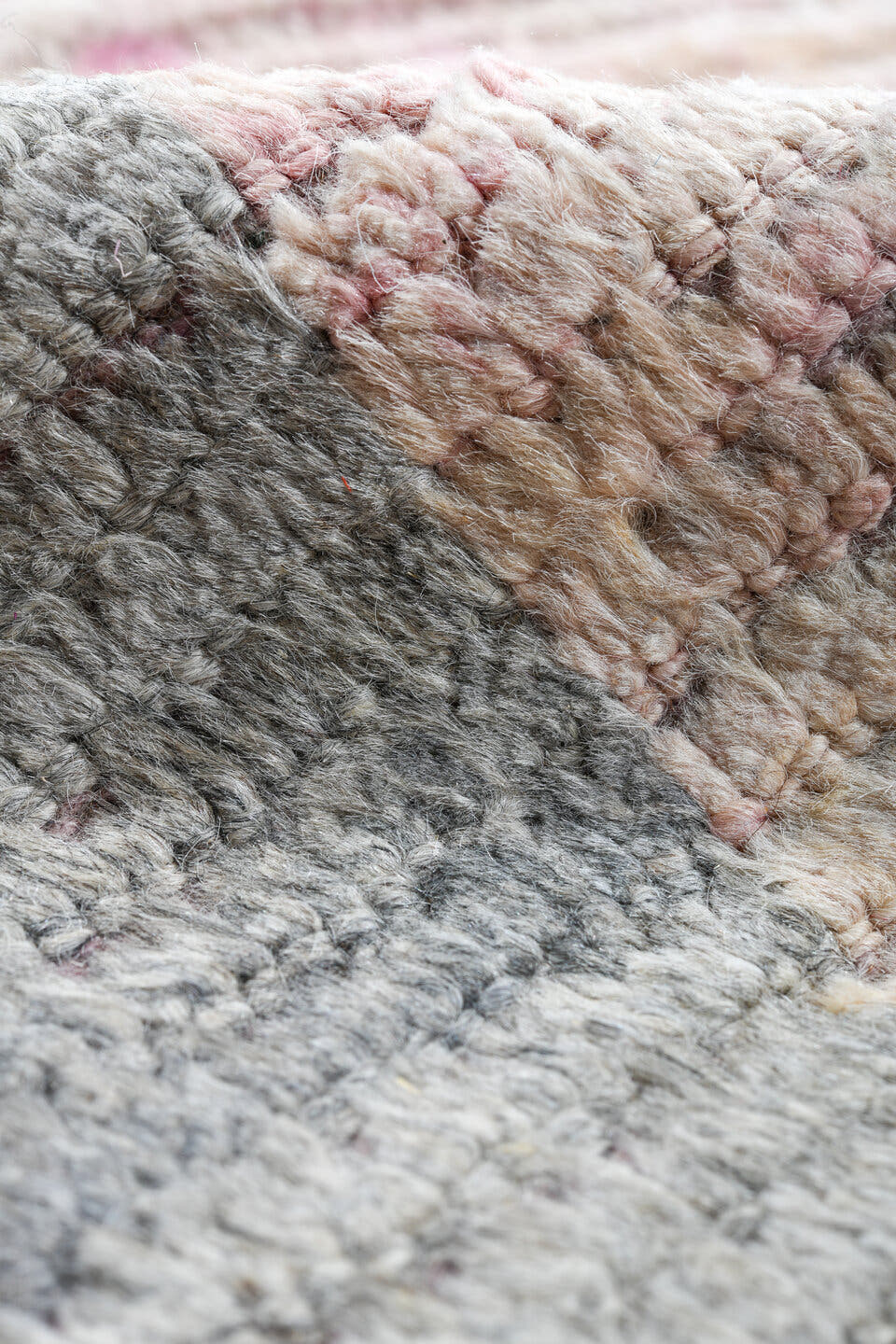 14' x 19' one-of-a-kind handmade vintage Tulu oversize rug. Color palette: pink, ivory, gray, rose, taupe, red, beige