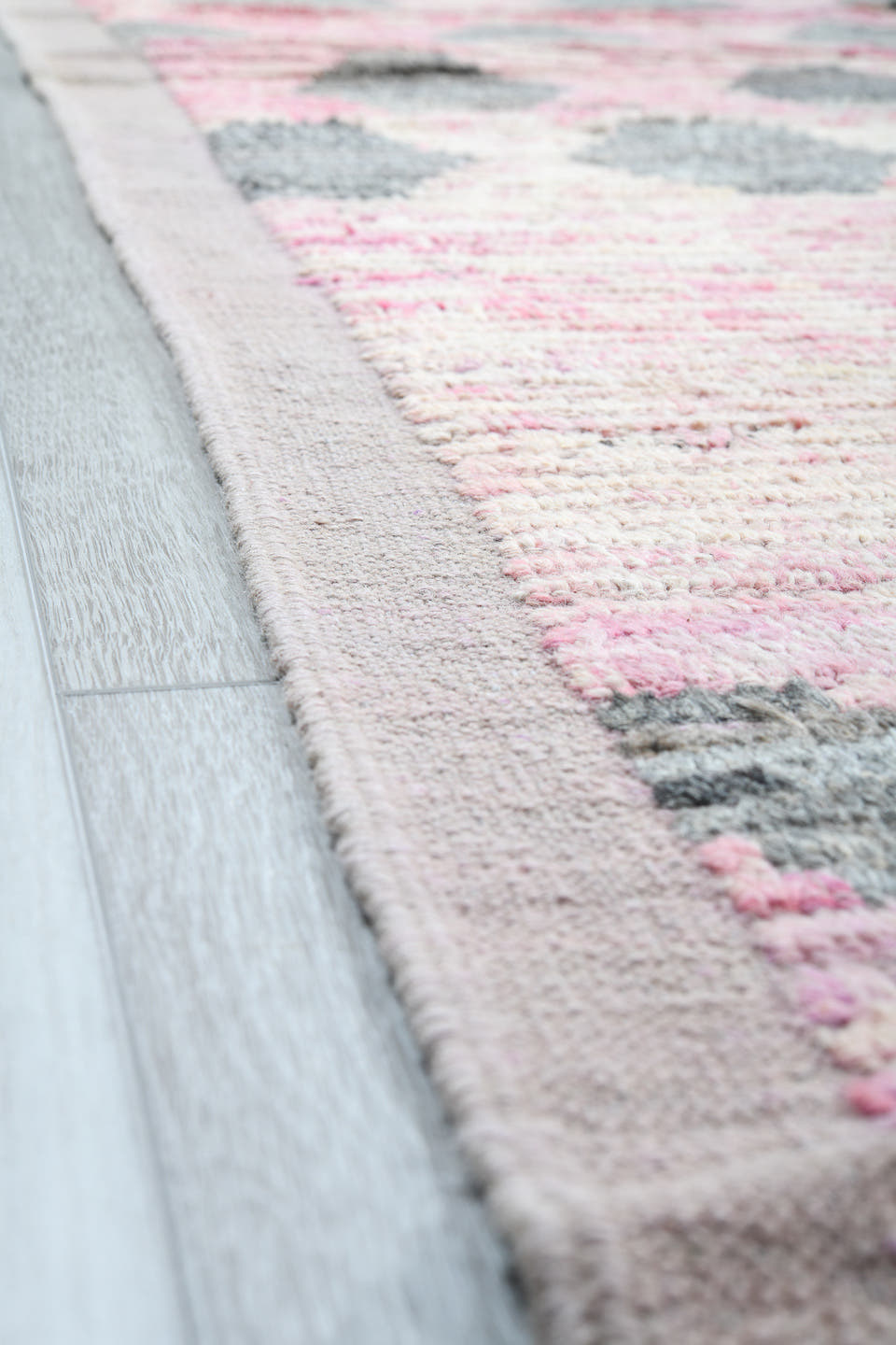 14' x 19' one-of-a-kind handmade vintage Tulu oversize rug. Color palette: pink, ivory, gray, rose, taupe, red, beige