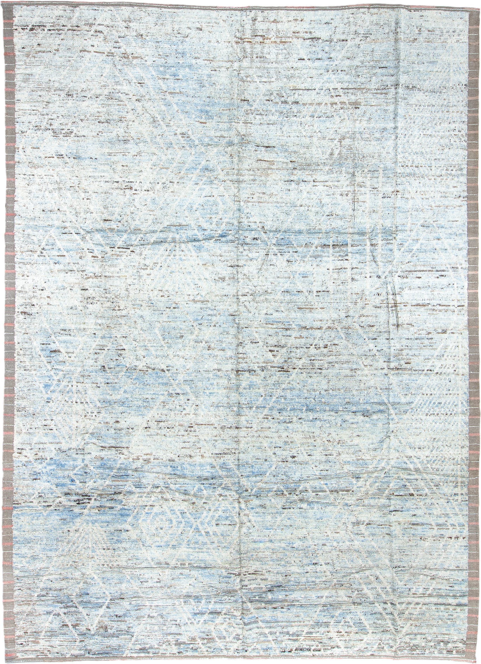 10' x 13' one-of-a-kind handmade vintage Tulu large size rug. Color palette: ivory, pale blue, taupe, light gray, camel