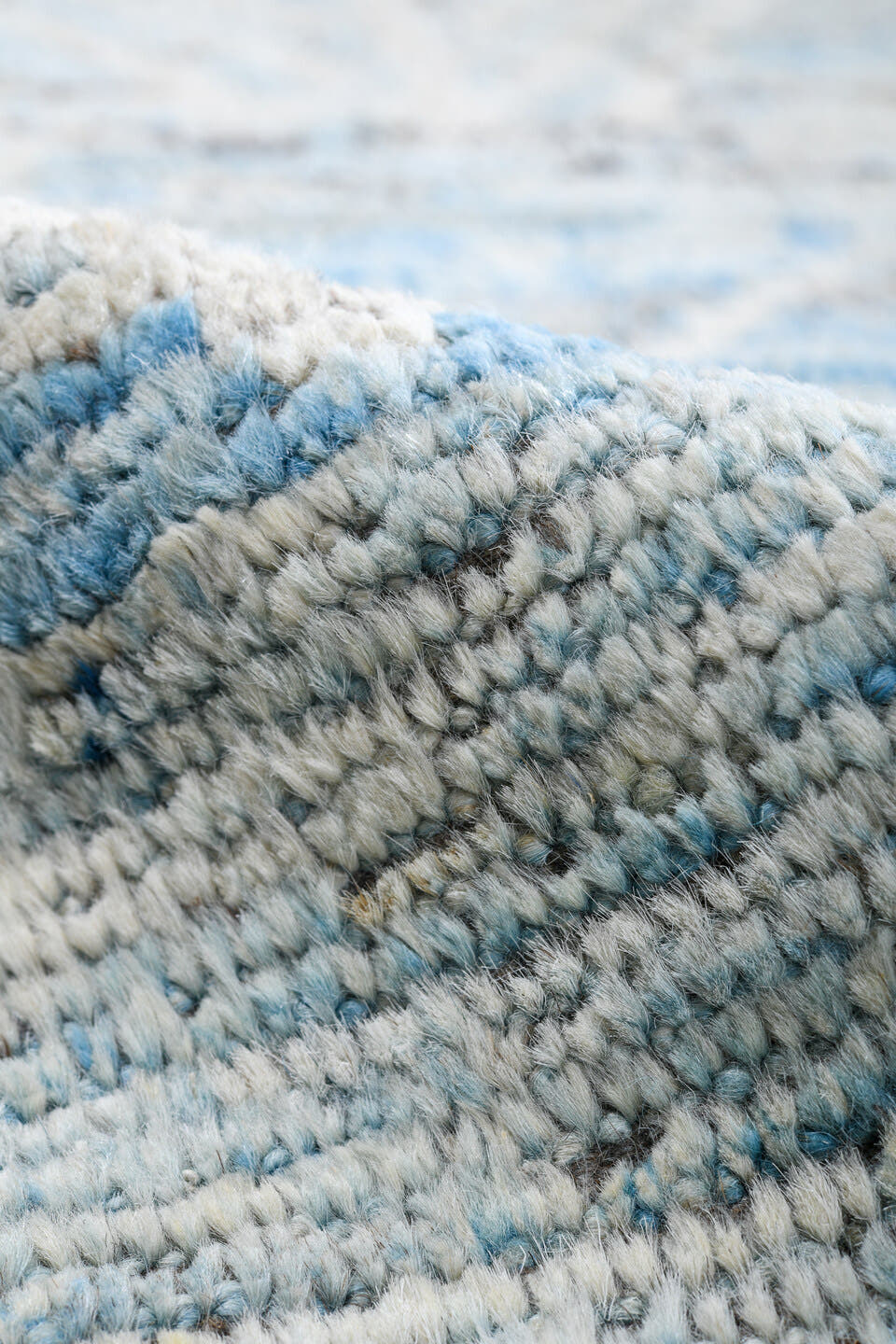 10' x 13' one-of-a-kind handmade vintage Tulu large size rug. Color palette: ivory, pale blue, taupe, light gray, camel