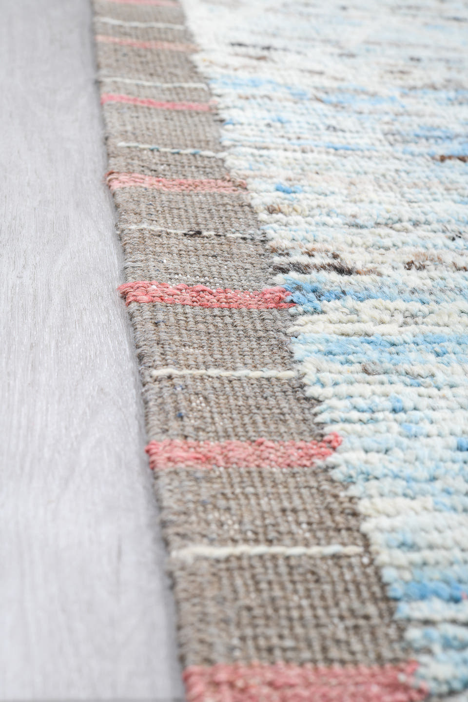 10' x 13' one-of-a-kind handmade vintage Tulu large size rug. Color palette: ivory, pale blue, taupe, light gray, camel