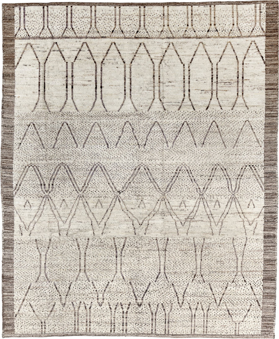 8' x 10' one-of-a-kind handmade vintage Tulu large size rug. Color palette: ivory, taupe, brown, cream, charcoal, beige