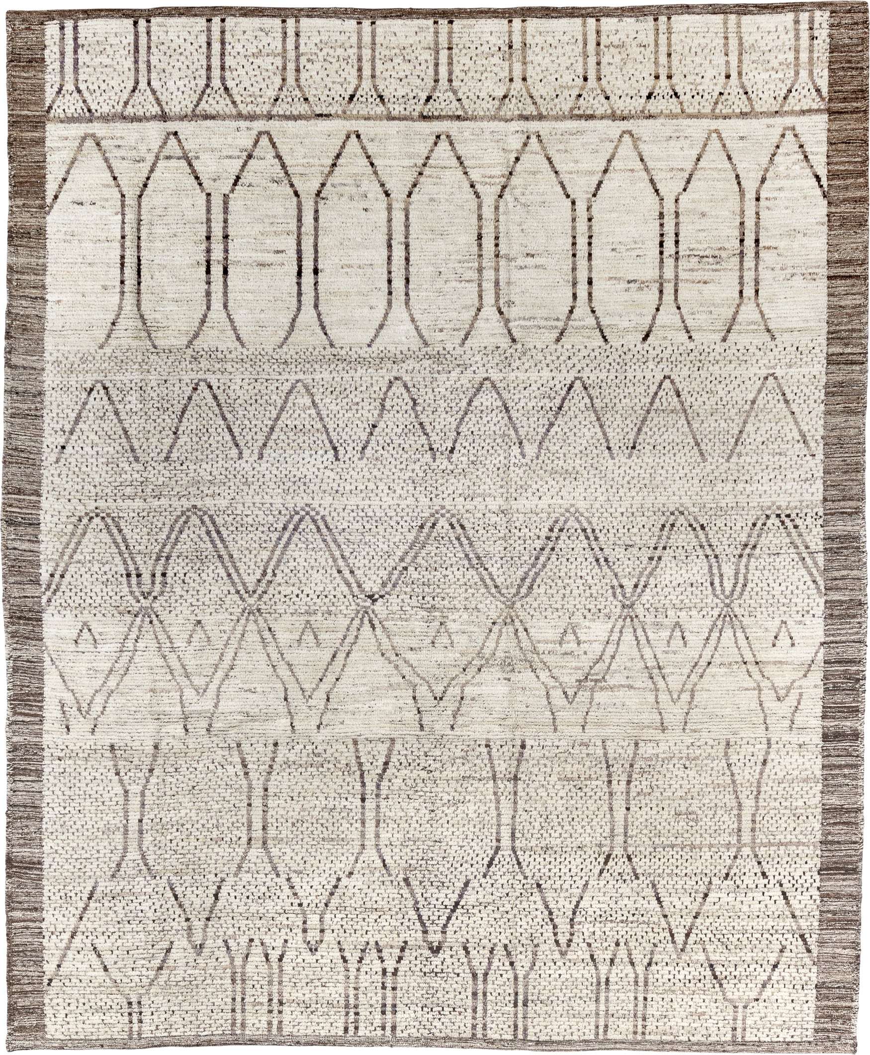 8' x 10' one-of-a-kind handmade vintage Tulu large size rug. Color palette: ivory, taupe, brown, cream, charcoal, beige