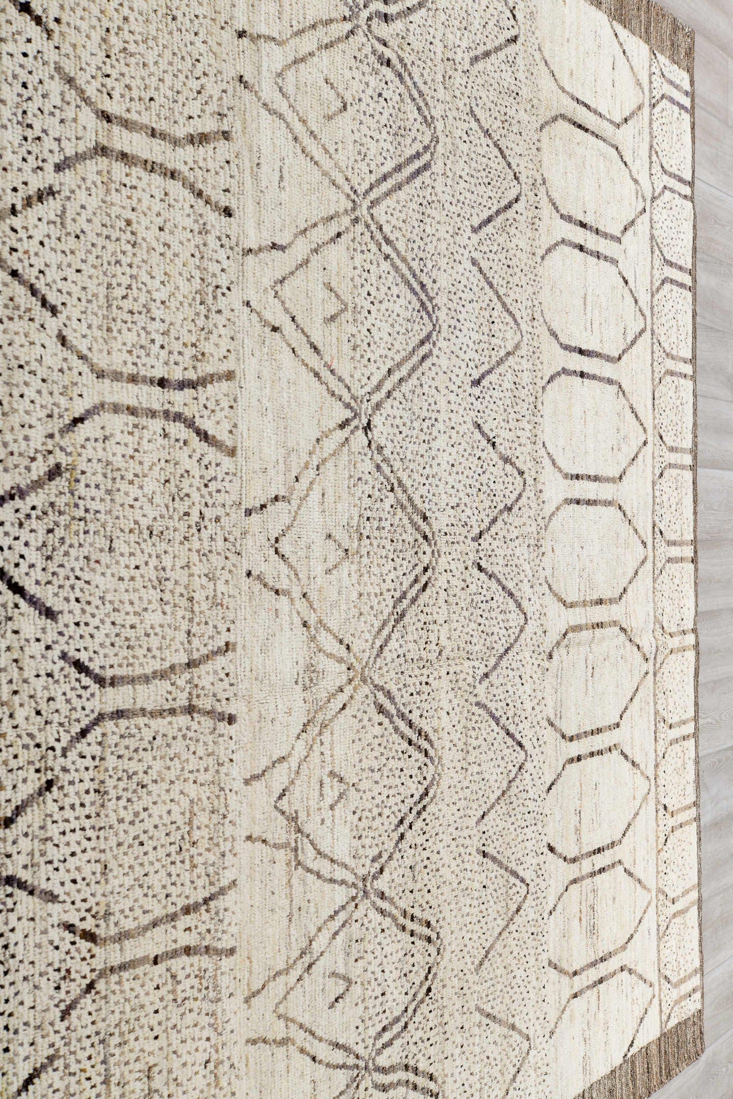 8' x 10' one-of-a-kind handmade vintage Tulu large size rug. Color palette: ivory, taupe, brown, cream, charcoal, beige