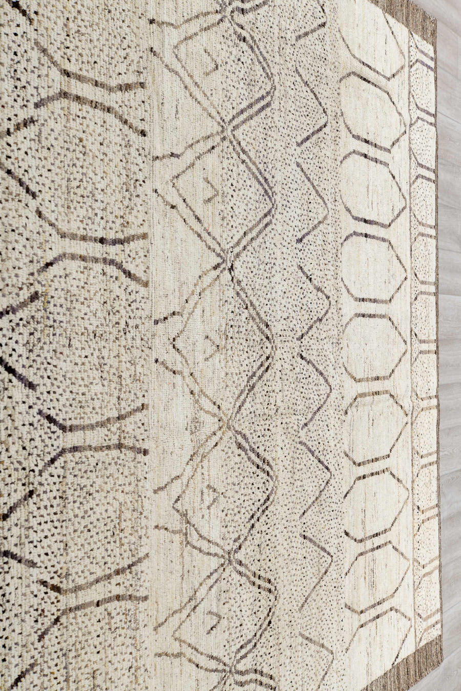 8' x 10' one-of-a-kind handmade vintage Tulu large size rug. Color palette: ivory, taupe, brown, cream, charcoal, beige