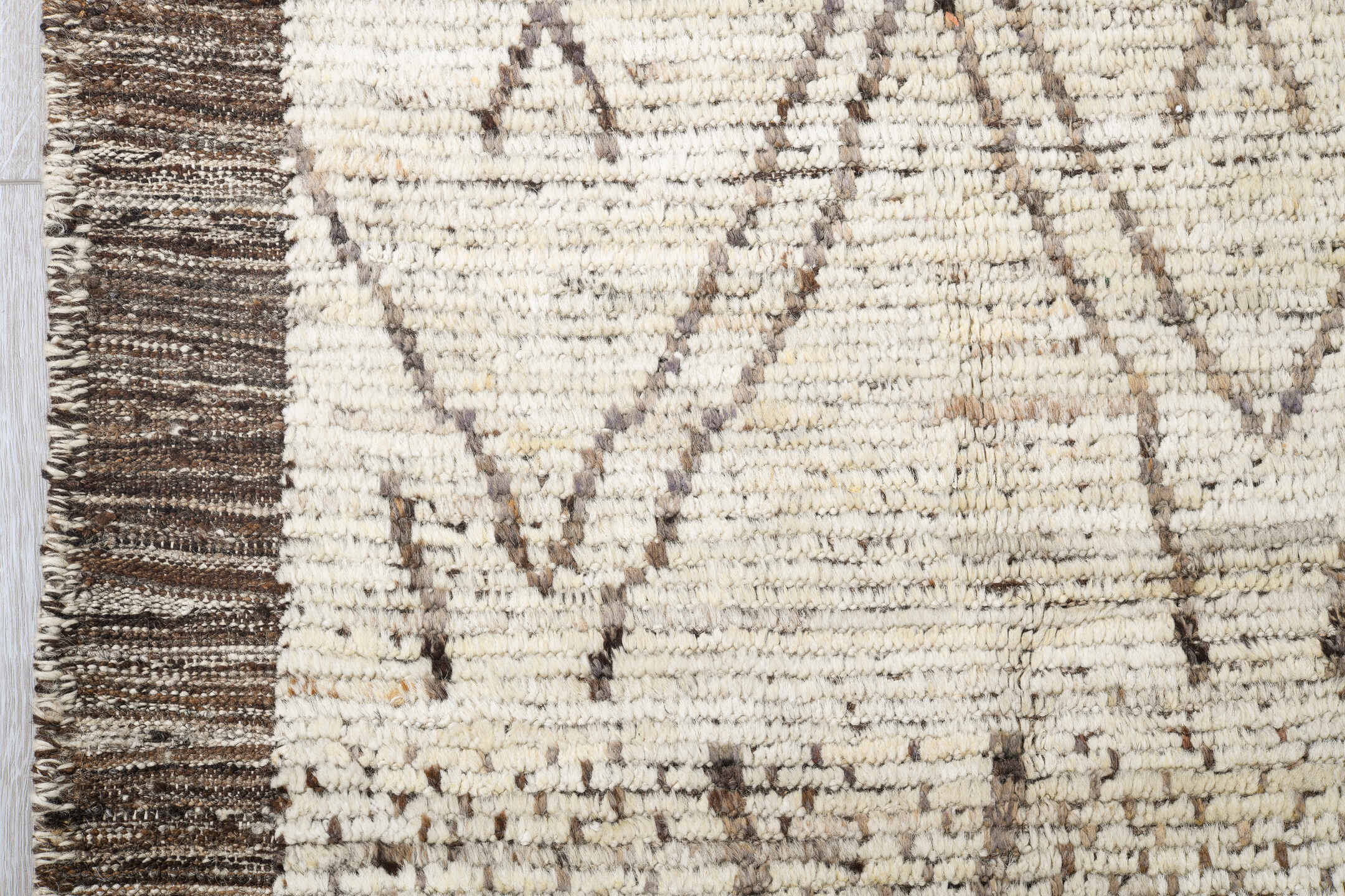8' x 10' one-of-a-kind handmade vintage Tulu large size rug. Color palette: ivory, taupe, brown, cream, charcoal, beige