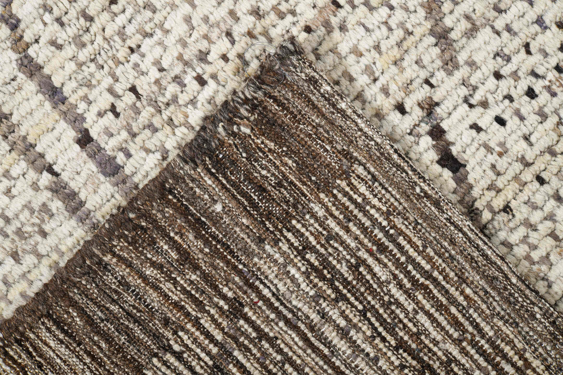 8' x 10' one-of-a-kind handmade vintage Tulu large size rug. Color palette: ivory, taupe, brown, cream, charcoal, beige