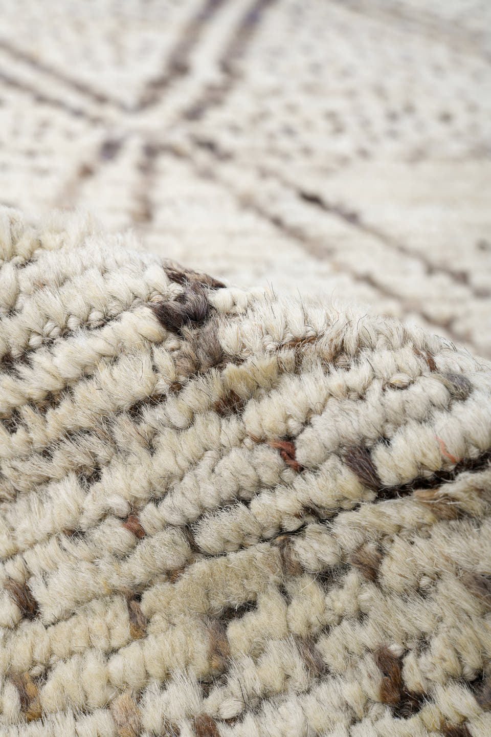 8' x 10' one-of-a-kind handmade vintage Tulu large size rug. Color palette: ivory, taupe, brown, cream, charcoal, beige