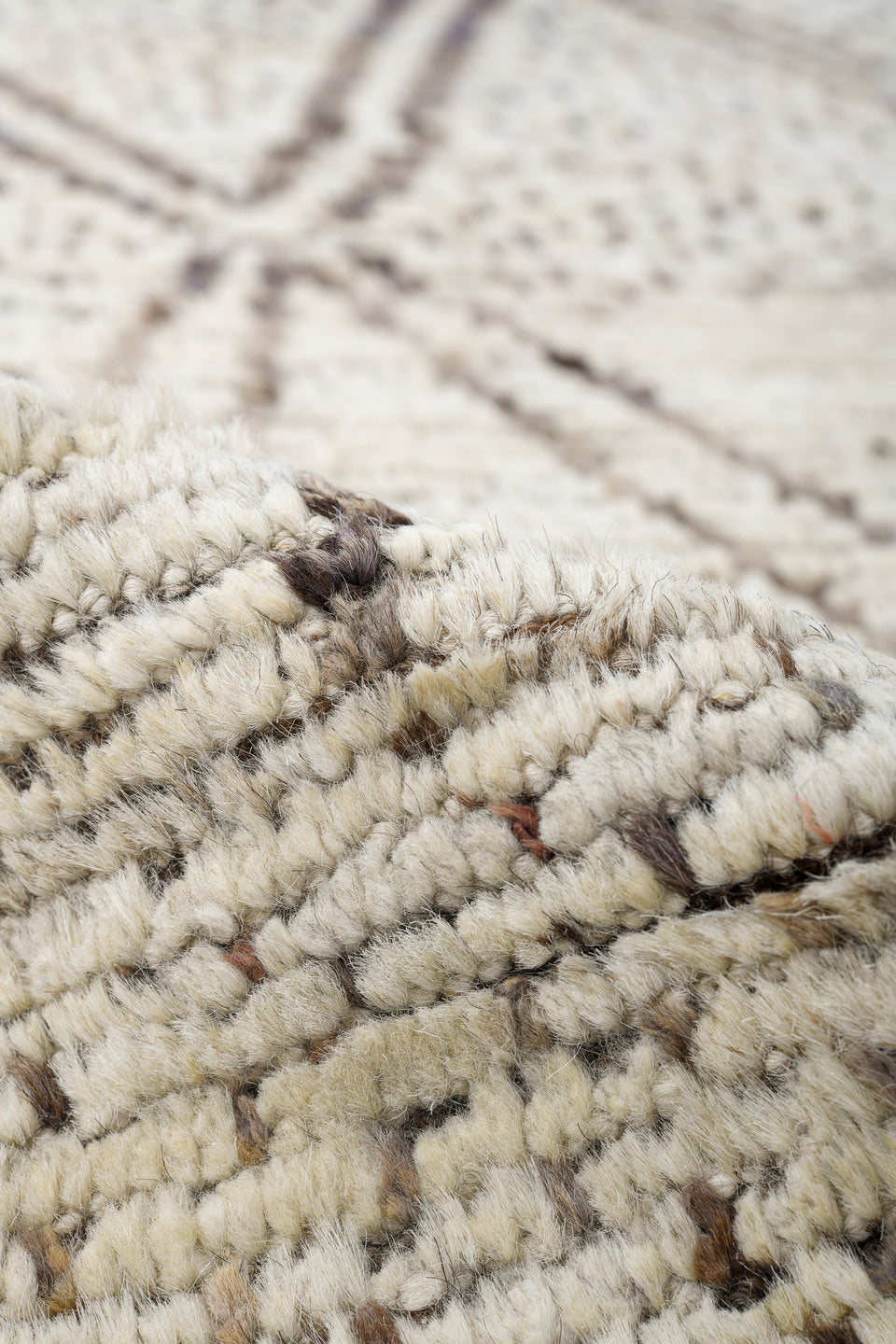 8' x 10' one-of-a-kind handmade vintage Tulu large size rug. Color palette: ivory, taupe, brown, cream, charcoal, beige