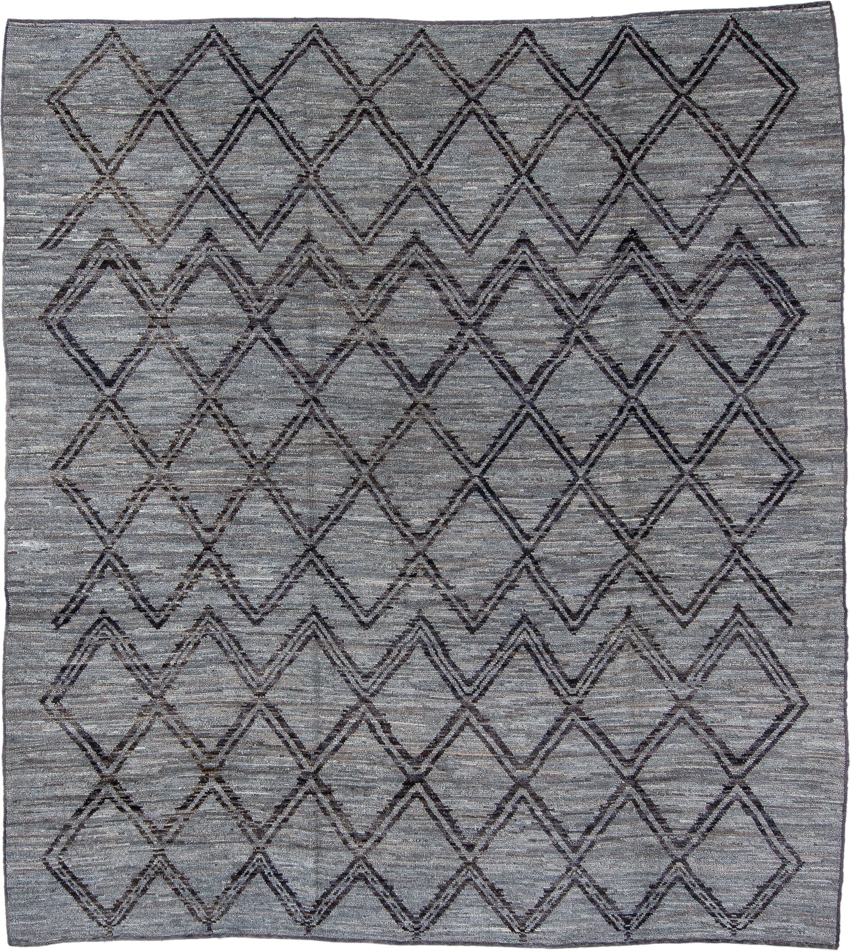 8' x 9' one-of-a-kind handmade vintage Tulu rug. Color palette: gray, charcoal, taupe, ivory, black, beige