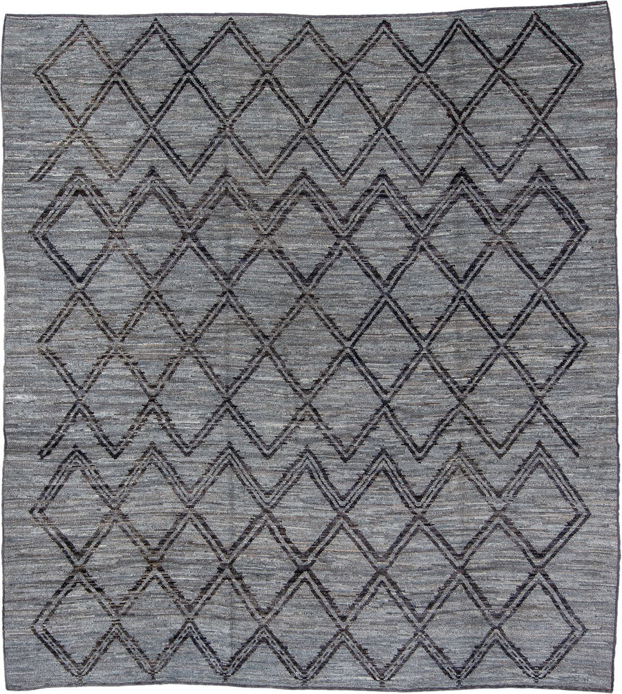 8' x 9' one-of-a-kind handmade vintage Tulu rug. Color palette: gray, charcoal, taupe, ivory, black, beige
