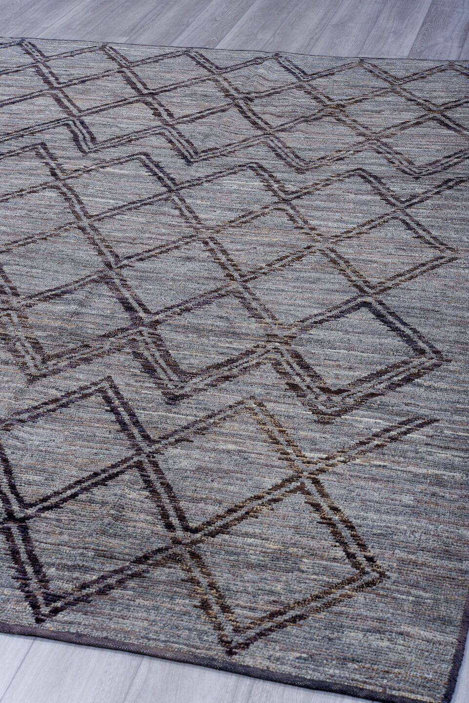 8' x 9' one-of-a-kind handmade vintage Tulu rug. Color palette: gray, charcoal, taupe, ivory, black, beige